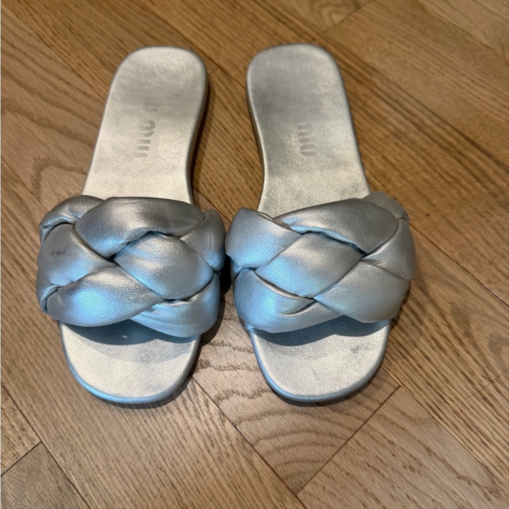 Miu miu Metallic Silver Braided Slide Sandals - Women